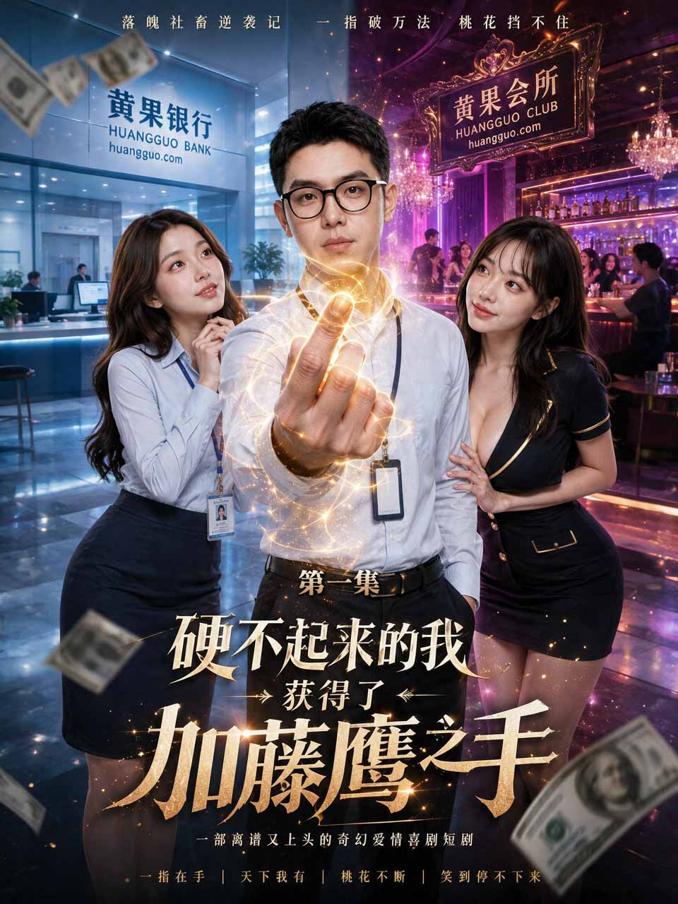 外卖员逆袭题材短剧海报，人在雨夜中跪地