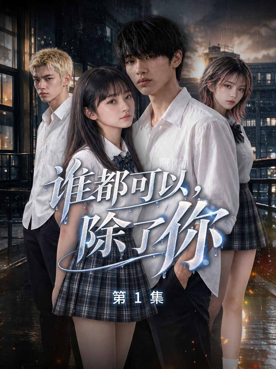 校园青春题材短剧海报，穿着校服的人物在校园里