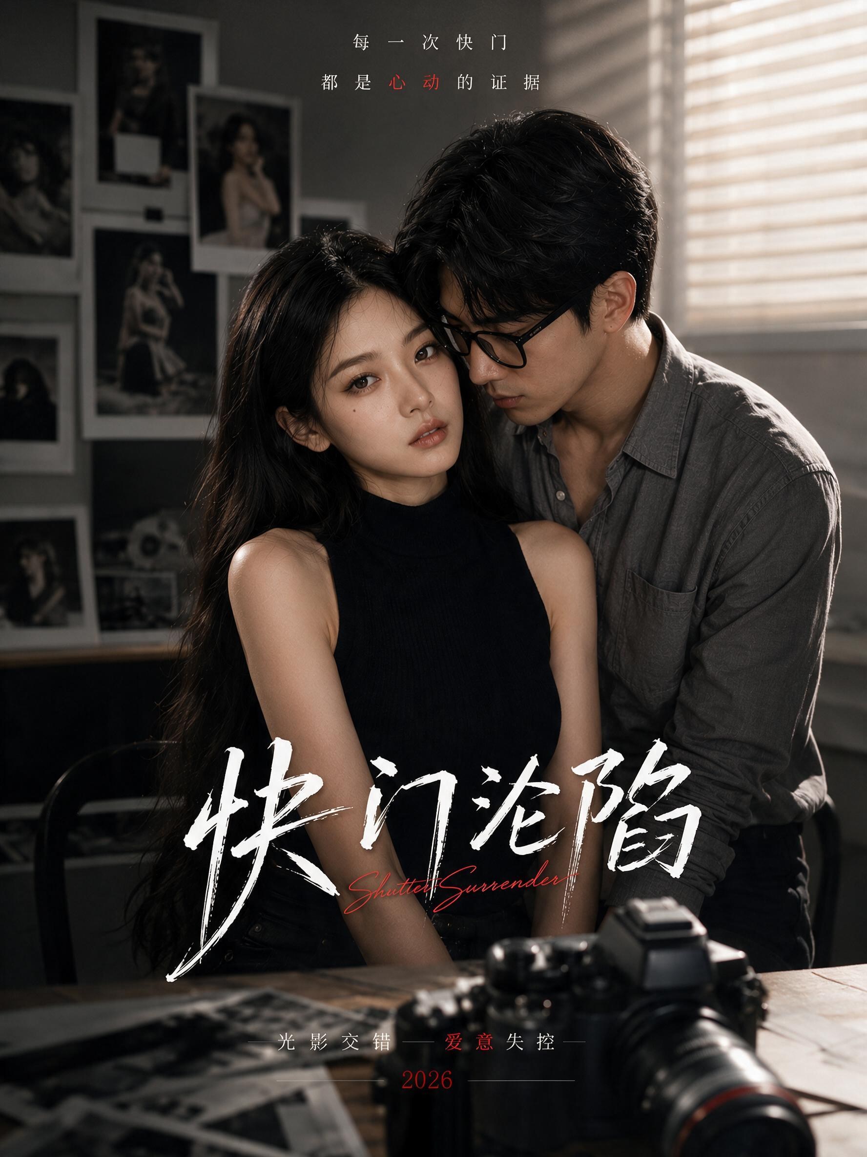 都市摄影题材短剧海报，男女主角在镜头前